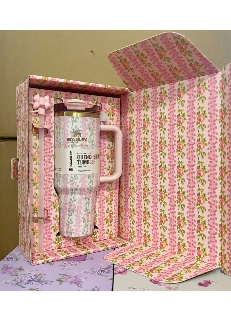 Stanley Love Shack Fancy H2.0 Flow State 40oz Pink Rose Tumbler, Stainless Steel Vacuum Insulated Quencher with Lid, Straw, and Stopper, Ideal for Water and Iced Tea, Keeps Drinks Cold, Presented in Elegant Gift-Ready Packagin - Image 3
