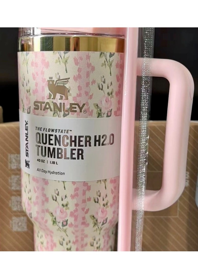Stanley - Love Shack Fancy H2.0 Flow State 40oz Pink Rose Tumbler, Stainless Steel Vacuum Insulated Quencher with Lid, Straw, and Stopper, Ideal for Water and Iced Tea, Keeps Drinks Cold, Presented in Elegant Gift-Ready Packagin - Image 1