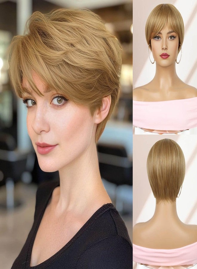 MIMAN Short Blonde Pixie Cut Wigs Fluffy Layered Haircut Wig With Bangs Synthetic Hair Replacement Wig for Women - Image 1