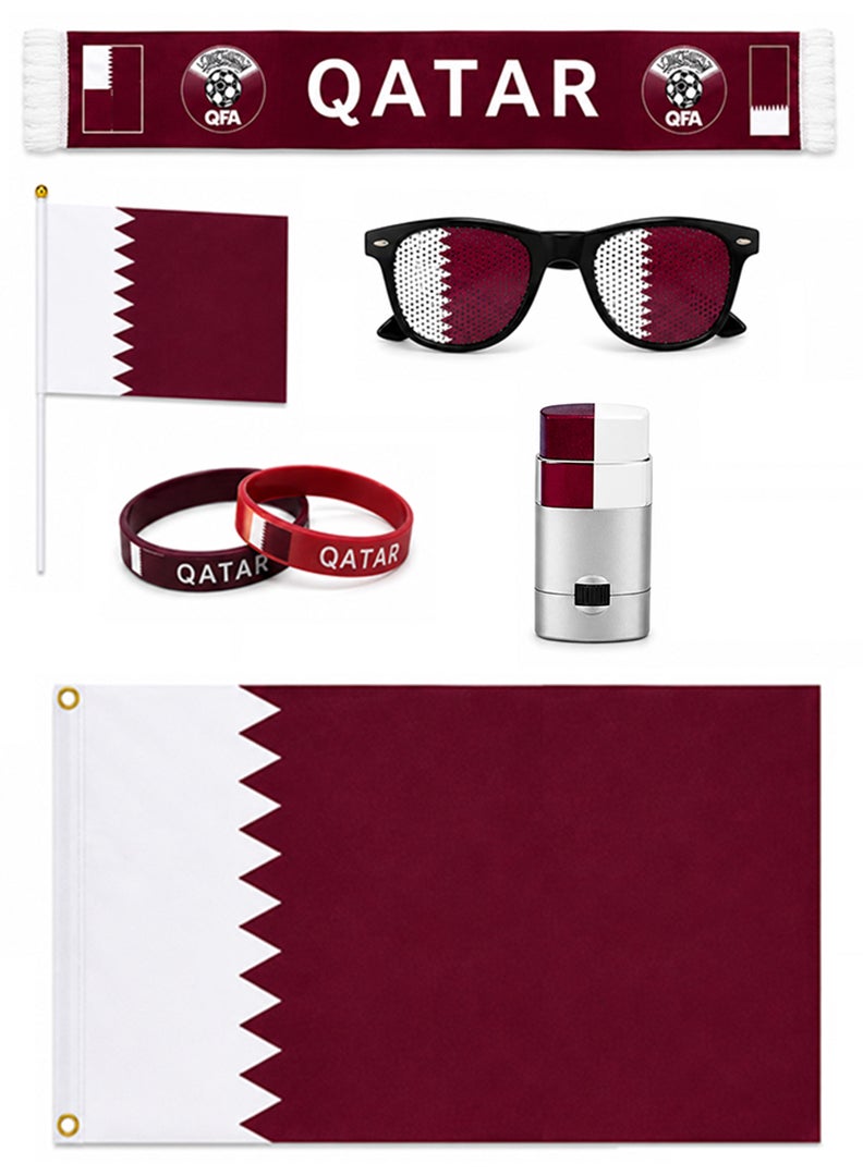 Qatar Football Fan Kit 6-in-1 – Supporter Cheering Accessories Set with Big Flag, Scarf, Face Paint, Small Flag, Sunglasses & 2pcs Wristband | Football Merchandise for Qatar Fans - Image 1