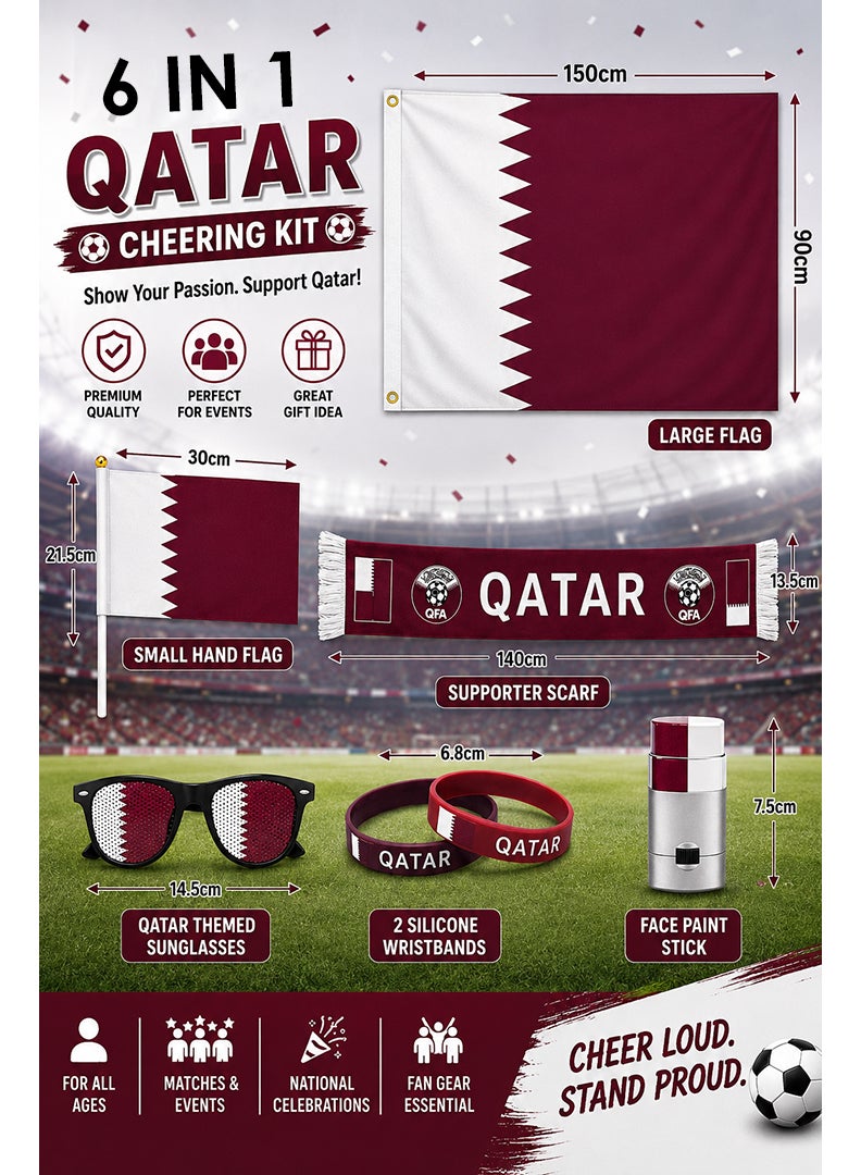 Qatar Football Fan Kit 6-in-1 – Supporter Cheering Accessories Set with Big Flag, Scarf, Face Paint, Small Flag, Sunglasses & 2pcs Wristband | Football Merchandise for Qatar Fans - Image 2