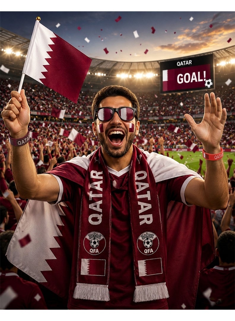 Qatar Football Fan Kit 6-in-1 – Supporter Cheering Accessories Set with Big Flag, Scarf, Face Paint, Small Flag, Sunglasses & 2pcs Wristband | Football Merchandise for Qatar Fans - Image 4
