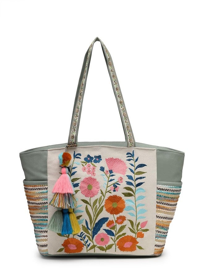 Anekaant Thread Bloom Sage Green Cotton Embroidered Large Tote Bag for Women | Perfect for College, Office & Everyday Carry - Image 1