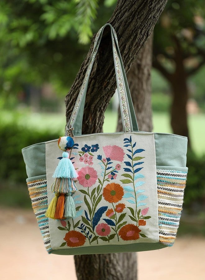 Anekaant Thread Bloom Sage Green Cotton Embroidered Large Tote Bag for Women | Perfect for College, Office & Everyday Carry - Image 2