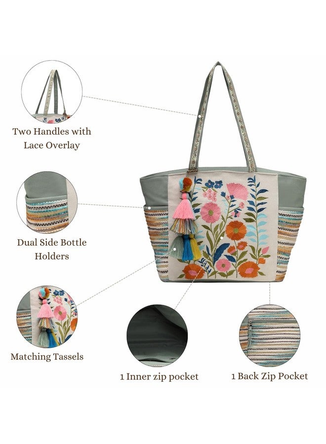 Anekaant Thread Bloom Sage Green Cotton Embroidered Large Tote Bag for Women | Perfect for College, Office & Everyday Carry - Image 4