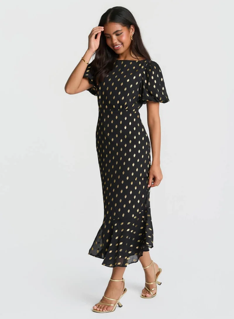 Needs No Label Black Foil Puff Sleeve Midi Dress