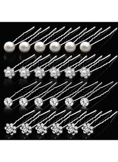 Mtlee 40 Pieces Pearl Hair Pins Wedding Bridal Hair Pins Rhinestone Flower Hair Pins U Shaped Hair Crystal Pins Metal Silver Pearl Bobby Pins Hair Jewelry Accessories For Brides Bridesmaids Thick Long Hair  - Image 1
