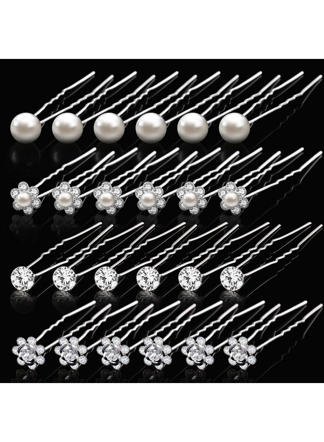 Mtlee 40 Pieces Pearl Hair Pins Wedding Bridal Hair Pins Rhinestone Flower Hair Pins U Shaped Hair Crystal Pins Metal Silver Pearl Bobby Pins Hair Jewelry Accessories For Brides Bridesmaids Thick Long Hair - Image 1