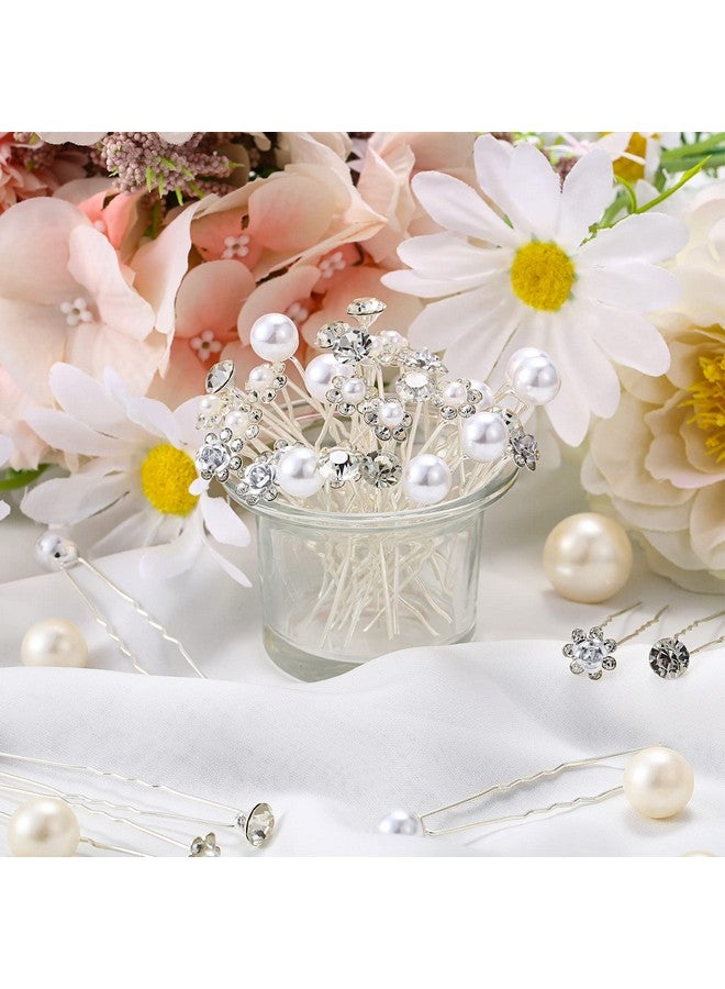 Mtlee 40 Pieces Pearl Hair Pins Wedding Bridal Hair Pins Rhinestone Flower Hair Pins U Shaped Hair Crystal Pins Metal Silver Pearl Bobby Pins Hair Jewelry Accessories For Brides Bridesmaids Thick Long Hair - Image 4