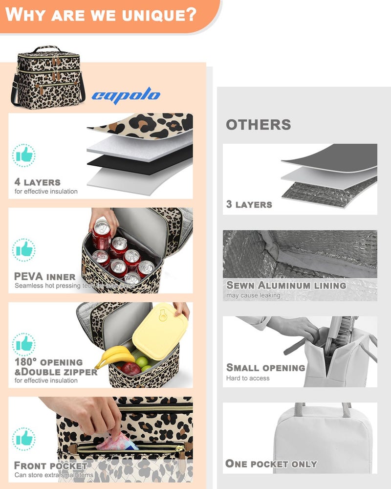Capolo Lunch Box for Women Men Adults,Double Deck Insulated Lunch Bag Leakproof Lunch Cooler Box with Removable Strap Lunch Tote Bags Reusable Thermal Lunchbox for Work Picnic(Large,Leopard) - Image 3