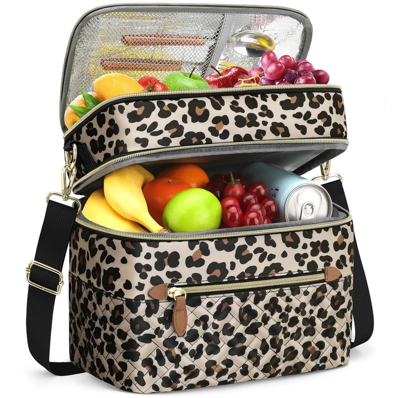 Capolo Lunch Box for Women Men Adults,Double Deck Insulated Lunch Bag Leakproof Lunch Cooler Box with Removable Strap Lunch Tote Bags Reusable Thermal Lunchbox for Work Picnic(Large,Leopard) - Image 1