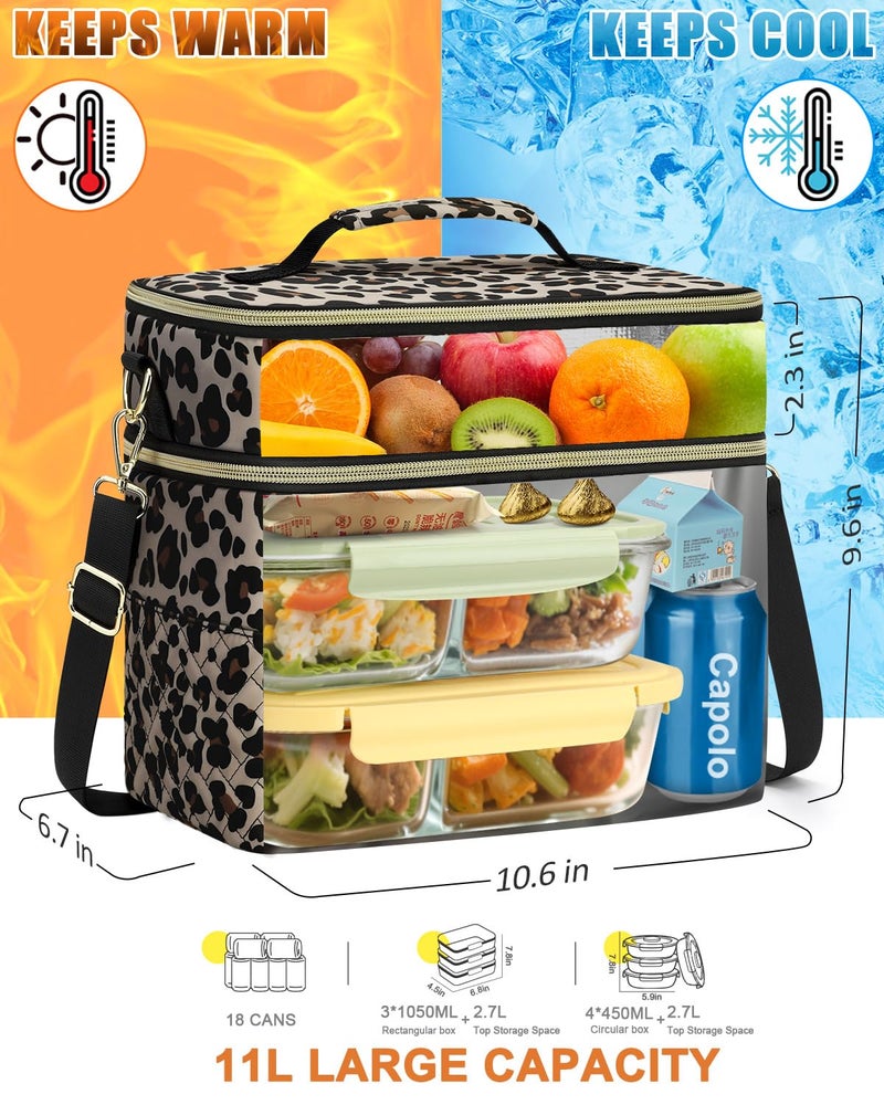 Capolo Lunch Box for Women Men Adults,Double Deck Insulated Lunch Bag Leakproof Lunch Cooler Box with Removable Strap Lunch Tote Bags Reusable Thermal Lunchbox for Work Picnic(Large,Leopard) - Image 4