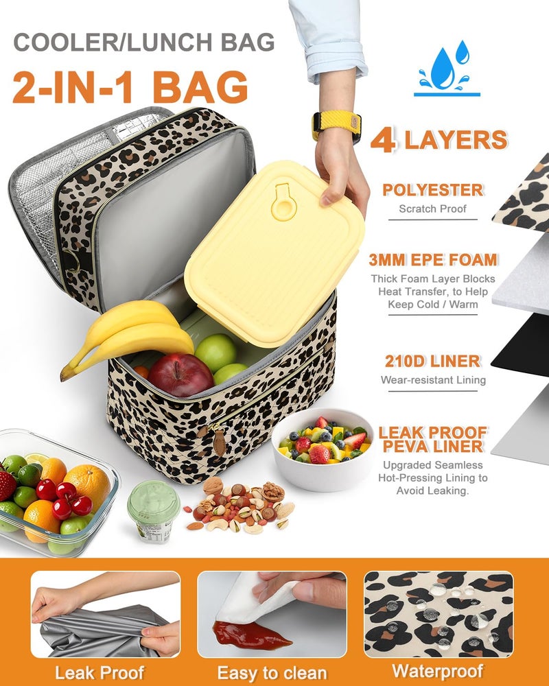 Capolo Lunch Box for Women Men Adults,Double Deck Insulated Lunch Bag Leakproof Lunch Cooler Box with Removable Strap Lunch Tote Bags Reusable Thermal Lunchbox for Work Picnic(Large,Leopard) - Image 5