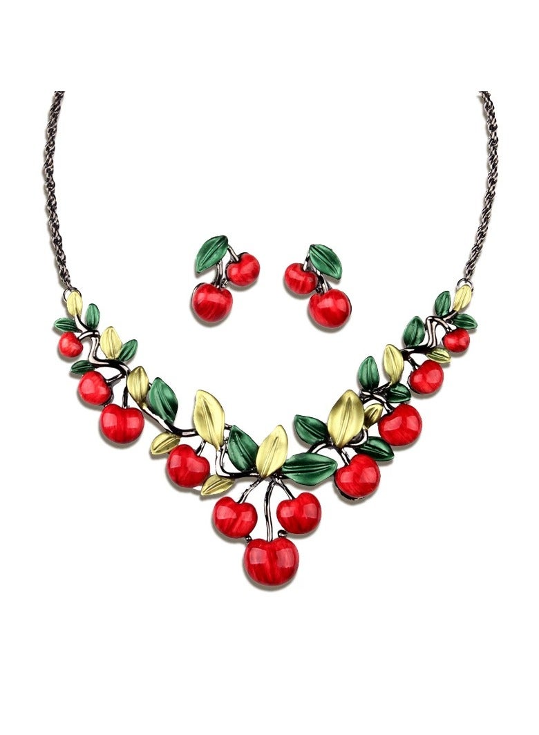 Cute Cherry Fruit Necklace and Earrings Set – Sweet Dainty Kawaii Y2K Style Jewelry, Birthday Gift for Women & Girls