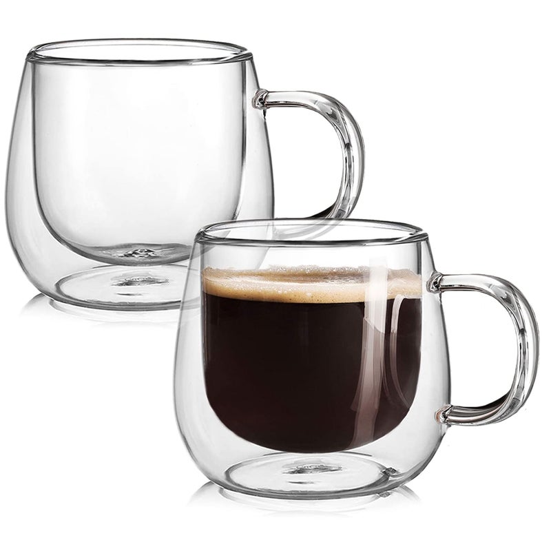 BNUNWISH Double Wall Glass Coffee Mugs 16oz Set of 2 Insulated Clear Tea Cups with Handle Perfect for Espresso Latte and Cappuccinos