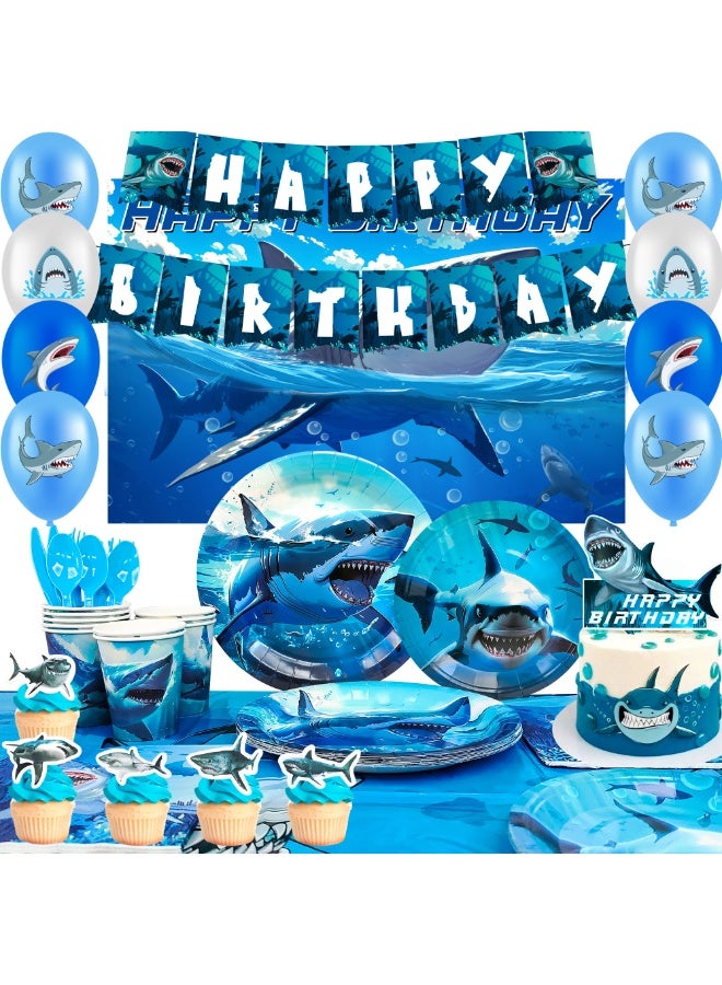 FRUITFUL PARTY Shark Birthday Party Decorations for 10 Guests, Shark Party Tableware Set Shark Plates Napkins Tablecloths Shark Balloons Banner Shark Cake Toppers etc Shark Party Supplies - Image 1