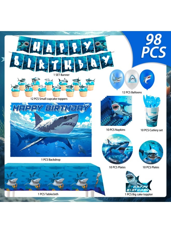FRUITFUL PARTY Shark Birthday Party Decorations for 10 Guests, Shark Party Tableware Set Shark Plates Napkins Tablecloths Shark Balloons Banner Shark Cake Toppers etc Shark Party Supplies - Image 3