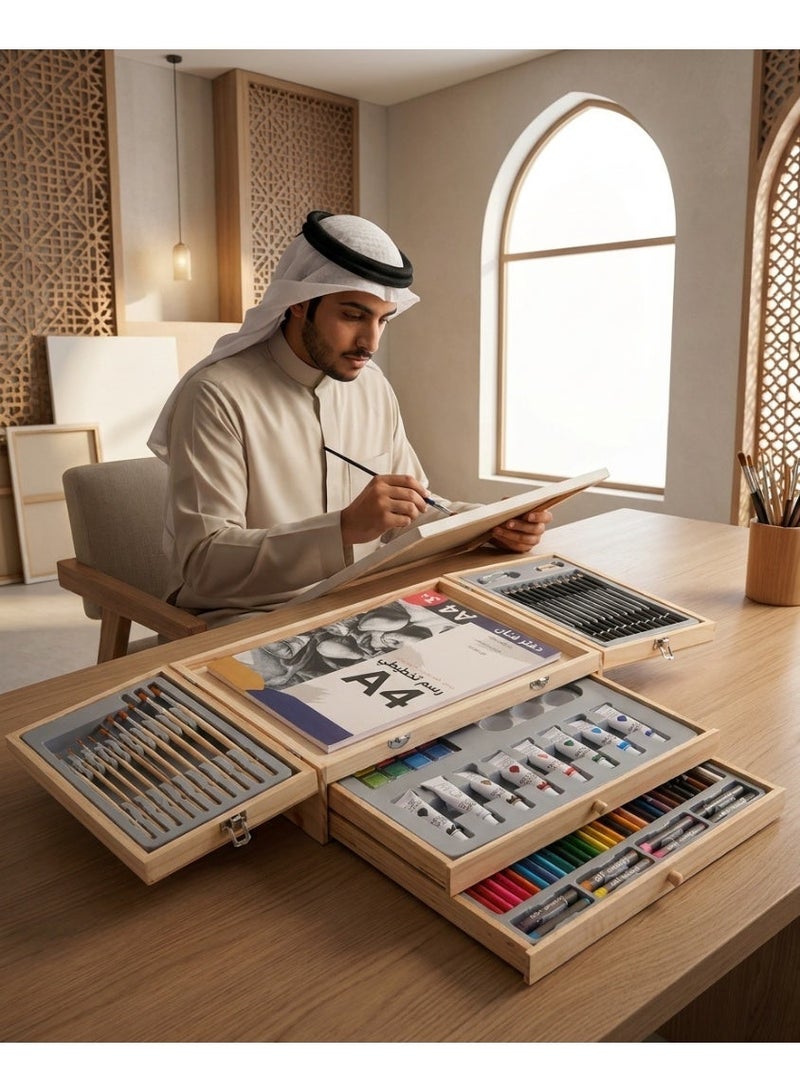 أكريليك مجموعة أدوات فنية ورسم مكونة من 84 قطعة (بما في ذلك دفتري رسم)، وصندوق أدوات لطلاب الفنون، ومجموعة كاملة من فرش الرسم، معبأة في صندوق هدايا خشبي. - Image 2