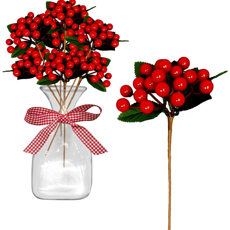 BANBERRY DESIGNS Red Berry Christmas Picks - Berry Sprays with Green Leaves - Approximately 18 Berries to Each Stem Cluster - Holiday Decorations