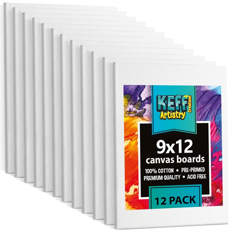 KEFF 12Pack Bulk Canvas for Painting 9x12 Canvas for Acrylic Painting Oil Watercolor Tempera  Blank Canvas Boards for Painting Art Supplies for Adults  Kids 100 Cotton Primed Painting Canvas