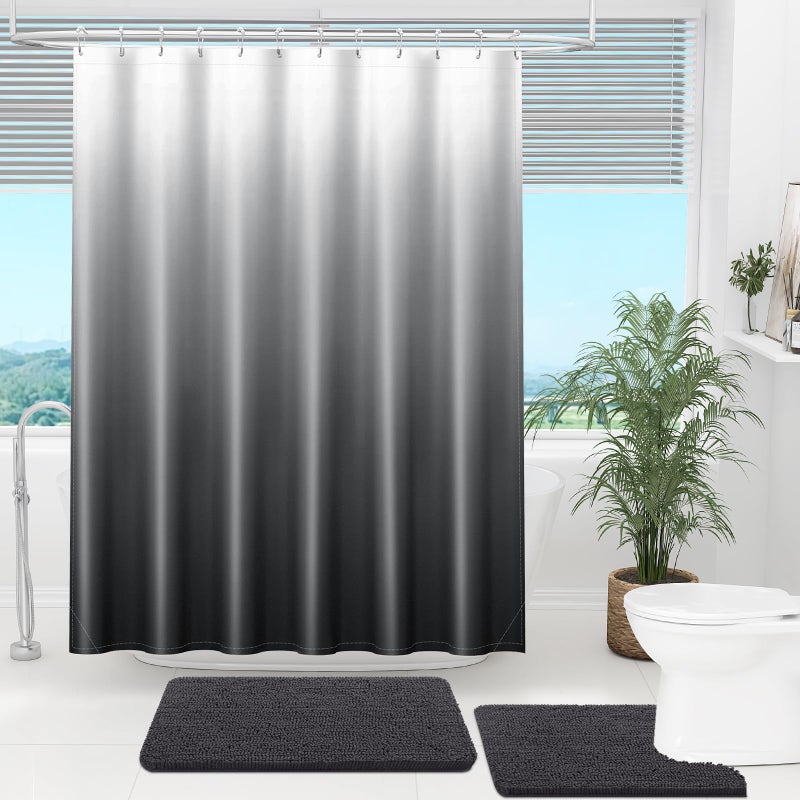 OLANLY Luxury Dark Grey and White Ombre Shower Curtain Sets with 12 Hooks  Waterproof and Washable Decorative Shower Curtains for Bathroom  72x72 Inches - Image 2