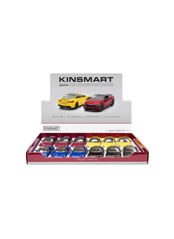 Kinsmart Pack of 12 Pcs BMW M8 Competition Coupe 1/38 Scale Die Cast Metal Doors Openable Pull Back Action Toy Car-Assorted Colour 