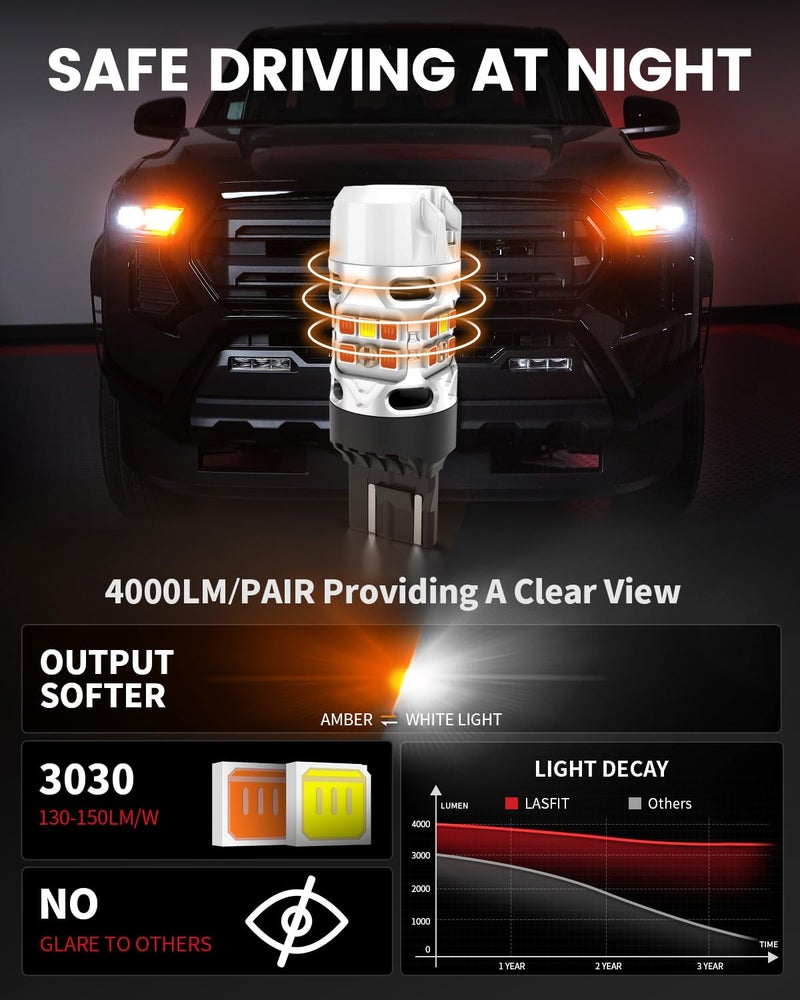 LASFIT T3 7443 Switchback LED Bulb 7444 LED Front Turn Signal Light Parking Light 7444NA Built in Resistor 100% Error Free White Amber(2pcs) - Image 5