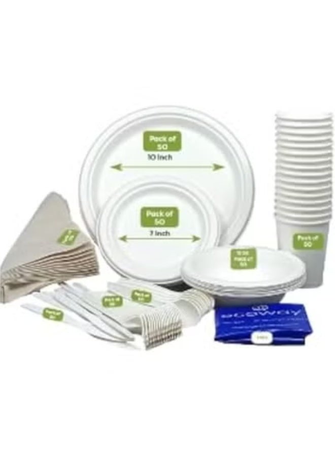 ECOWAY مجموعة إيكواي من 50 طبق بلاستيكي قابل للتحلل، مستلزمات حفلات قابلة للتحلل، أدوات مائدة قابلة للتحلل تشمل مجموعة العشاء وأدوات المائدة، أدوات للحفلات والنزهات - Image 1