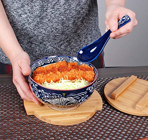 Happy Sales HSKM-KOIRB5, Japanese Kamameshi Vintage Style Rice Noodle Ramen Bowl with Bamboo Lid Trivet Chopsticks and Porcelain Spoon Bowl Set, Koi - Image 2