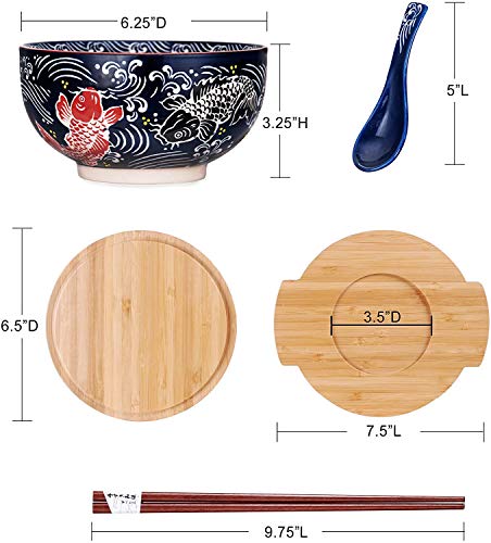 Happy Sales HSKM-KOIRB5, Japanese Kamameshi Vintage Style Rice Noodle Ramen Bowl with Bamboo Lid Trivet Chopsticks and Porcelain Spoon Bowl Set, Koi - Image 3