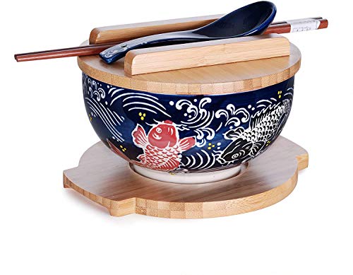 Happy Sales HSKM-KOIRB5, Japanese Kamameshi Vintage Style Rice Noodle Ramen Bowl with Bamboo Lid Trivet Chopsticks and Porcelain Spoon Bowl Set, Koi - Image 5