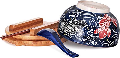 Happy Sales HSKM-KOIRB5, Japanese Kamameshi Vintage Style Rice Noodle Ramen Bowl with Bamboo Lid Trivet Chopsticks and Porcelain Spoon Bowl Set, Koi - Image 4