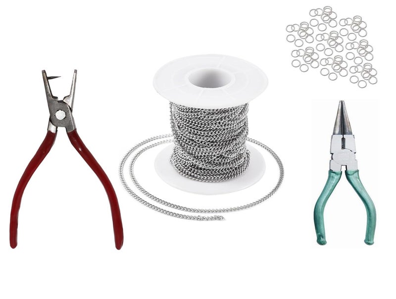 SHARUM CRAFTS Shaum Crafts Combo of Link Anchor Chain Silver 1mm 5 Mtr Jump Ring Round Nose Hole Punch Plier - Image 1