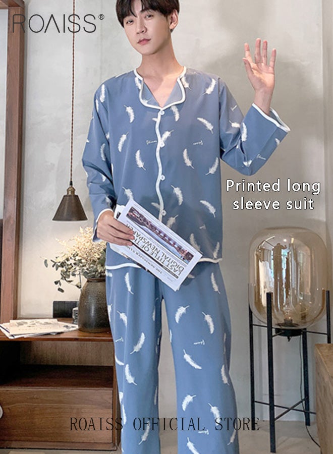 رويس طقم بيجامة طويلة الأكمام من قطعتين للرجال، طقم ملابس منزلية ناعمة مطبوعة مع قميص بأزرار وياقة مائلة وسروال طويل بخصر مطاطي، مثالي للنوم أو الاسترخاء في المنزل - Image 1