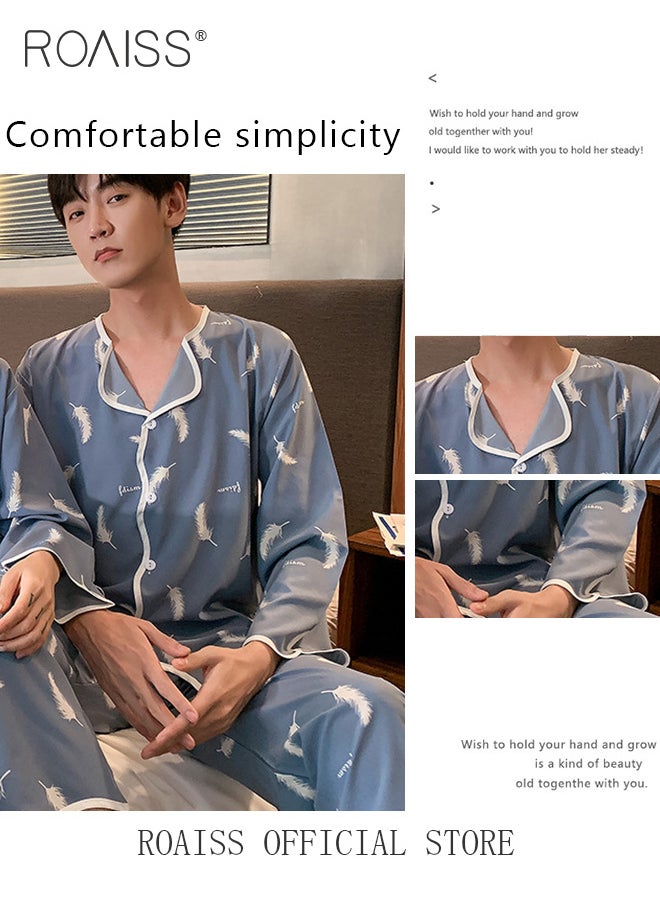 roaiss - Mens Long Sleeve Sleepwear Set,Autumn Winter Men'S Pajama Set Warm Man Pajamas Set Simple Sleepwear Long Sleeve Cotton Pajamas For Men Top Pant Leisure Outwear - Image 1