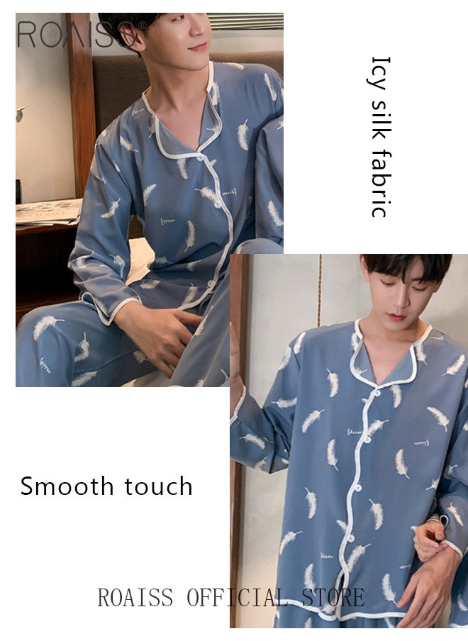 roaiss - Mens Long Sleeve Sleepwear Set,Autumn Winter Men'S Pajama Set Warm Man Pajamas Set Simple Sleepwear Long Sleeve Cotton Pajamas For Men Top Pant Leisure Outwear - Image 1