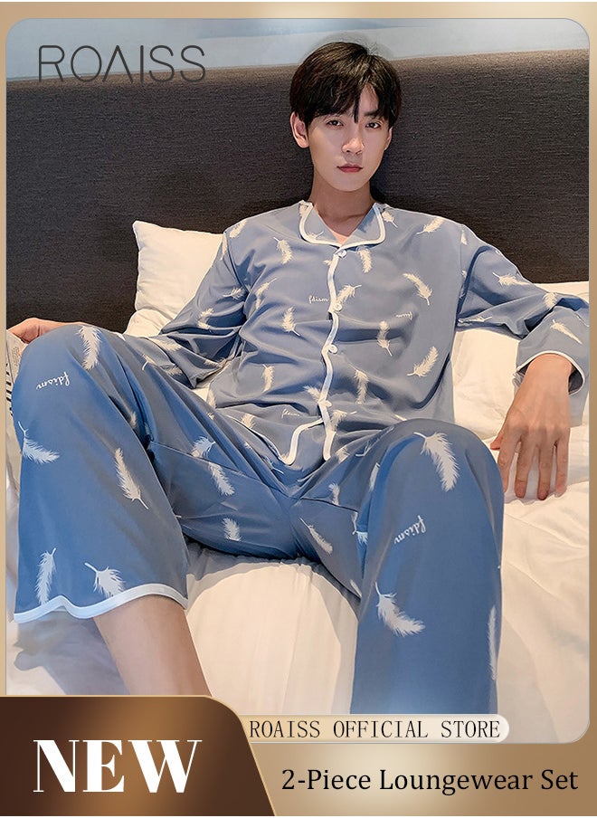 roaiss - Mens Long Sleeve Sleepwear Set,Autumn Winter Men'S Pajama Set Warm Man Pajamas Set Simple Sleepwear Long Sleeve Cotton Pajamas For Men Top Pant Leisure Outwear - Image 1