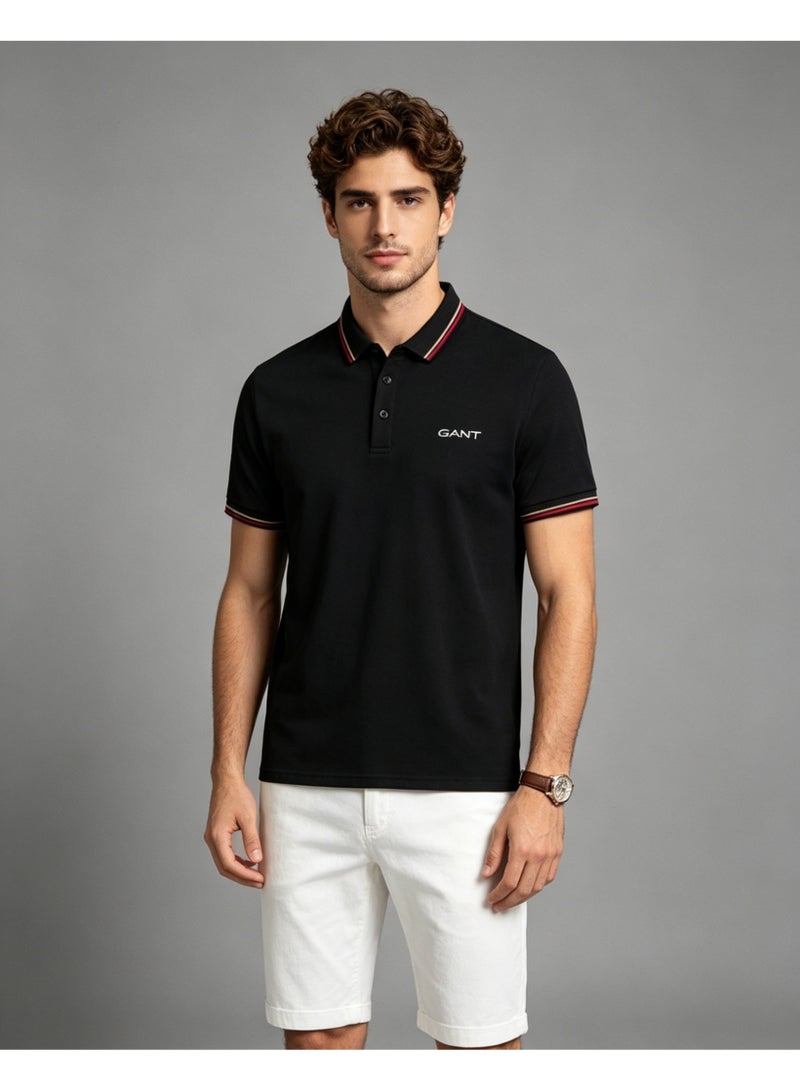 GANT Men's Short Sleeve Tipped Collar Polo Shirt, Casual Regular Fit, Black - Image 2