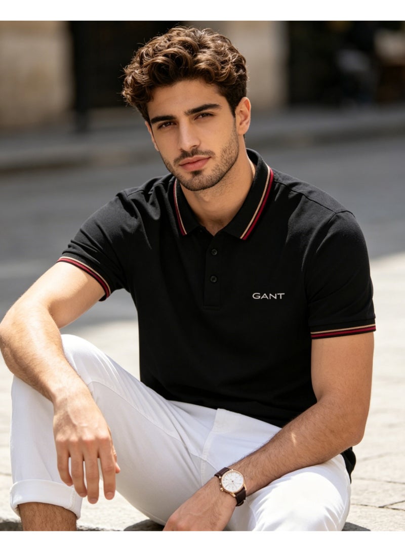 GANT Men's Short Sleeve Tipped Collar Polo Shirt, Casual Regular Fit, Black - Image 5