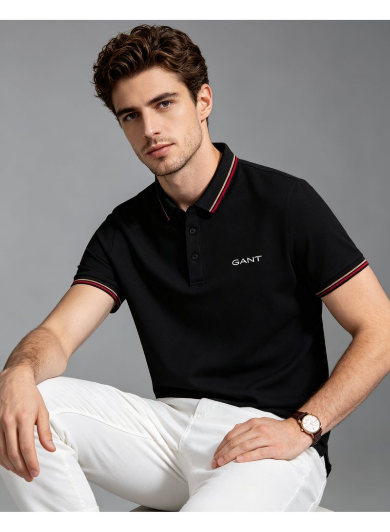 GANT Men's Short Sleeve Tipped Collar Polo Shirt, Casual Regular Fit, Black - Image 3
