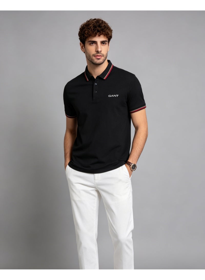 GANT Men's Short Sleeve Tipped Collar Polo Shirt, Casual Regular Fit, Black - Image 1