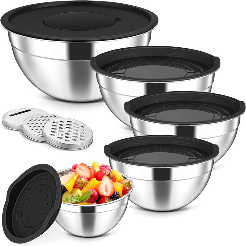 Herogo 5-Piece Stainless Steel Mixing Bowls with Airtight Lids, 3 Grater Attachments, Salad Serving Bowls for Kitchen, Size 4.6, 3.5, 2.5, 2, 1.5QT Ideal for Prepping & Cooking, Black - Image 1