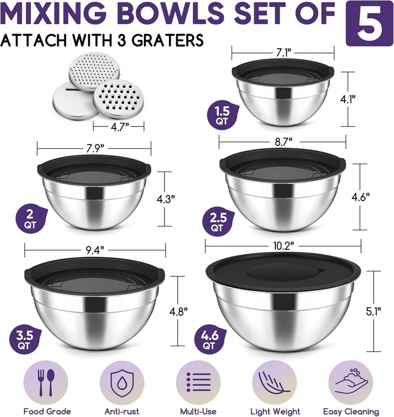 Herogo 5-Piece Stainless Steel Mixing Bowls with Airtight Lids, 3 Grater Attachments, Salad Serving Bowls for Kitchen, Size 4.6, 3.5, 2.5, 2, 1.5QT Ideal for Prepping & Cooking, Black - Image 2