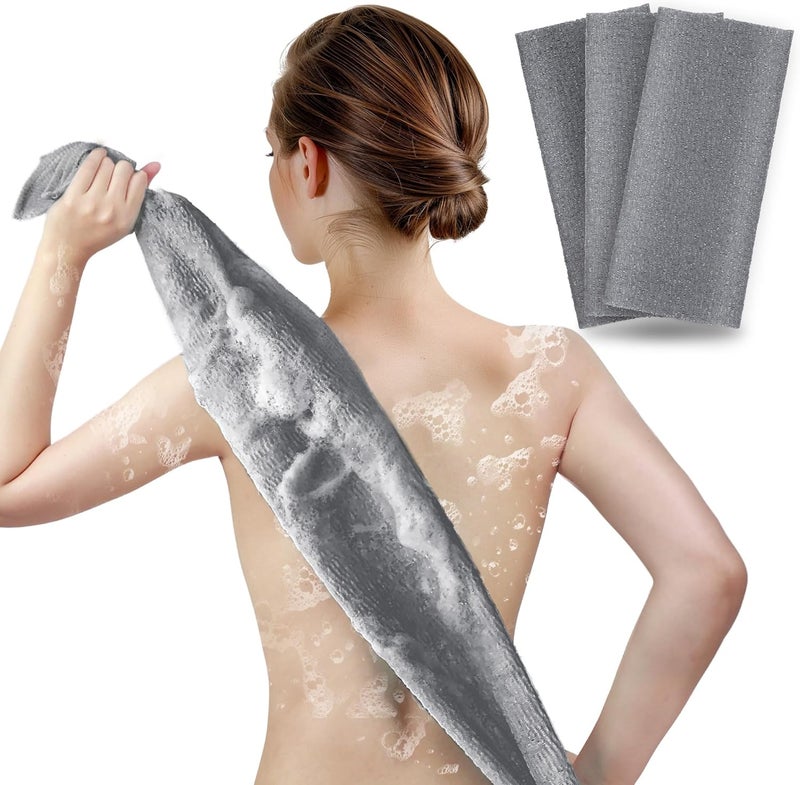 ARCH&M Exfoliating Washcloth Body Scrubber - 3 Pack Japanese Korean Spa Style Bath Towel for Dead Skin Removal, Extra Long 35” Back Scrubber with Premium Nylon Mesh for Smooth Glowing Skin (Gray x 3) - Image 1