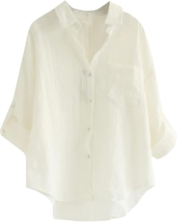 Minibee Women's Linen Blouse High Low Shirt Roll-Up Sleeve Tops White M - Image 1