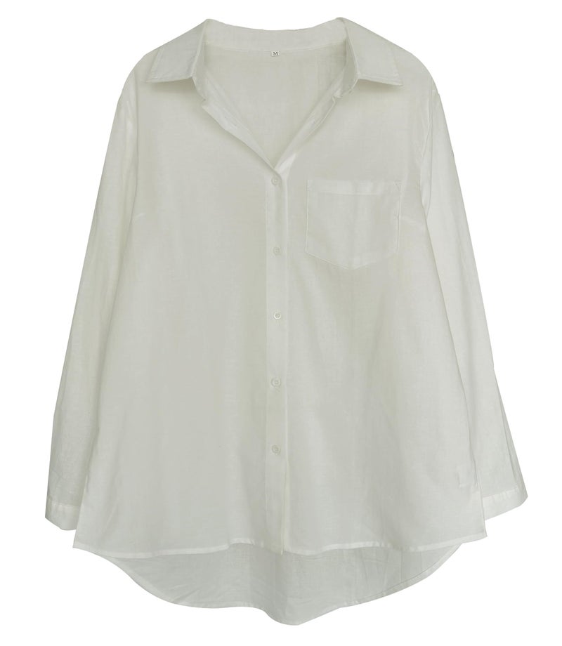 Minibee Women's Linen Blouse High Low Shirt Roll-Up Sleeve Tops White M - Image 2