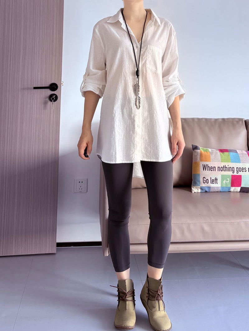 Minibee Women's Linen Blouse High Low Shirt Roll-Up Sleeve Tops White M - Image 3