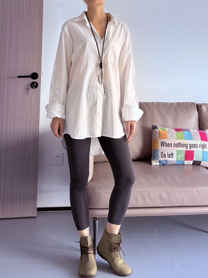 Minibee Women's Linen Blouse High Low Shirt Roll-Up Sleeve Tops White M - Image 4