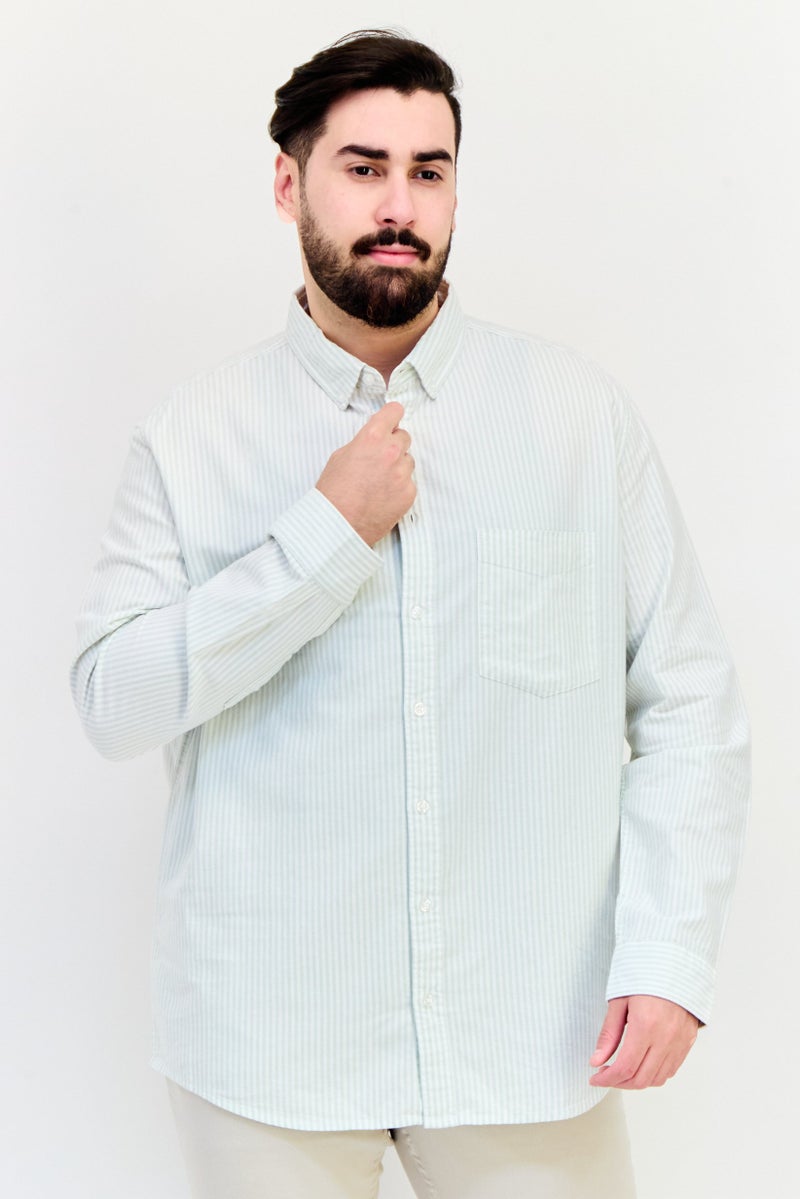 Celio Men Spread Collar Long Sleeve Stripe Casual Shirt, Light Green - Image 1