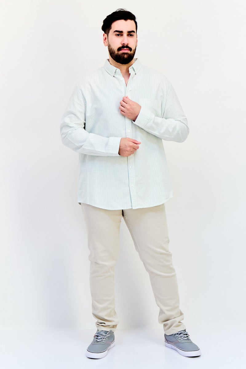 Celio Men Spread Collar Long Sleeve Stripe Casual Shirt, Light Green - Image 4